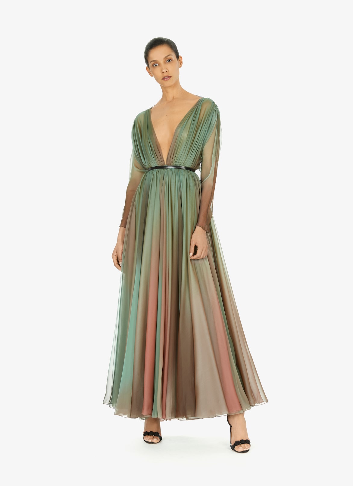 Pleated silk chiffon dress with open back ALAÏA LAGOON BLUE PLEATED SILK CHIFFON DRESS WITH OPEN BACK